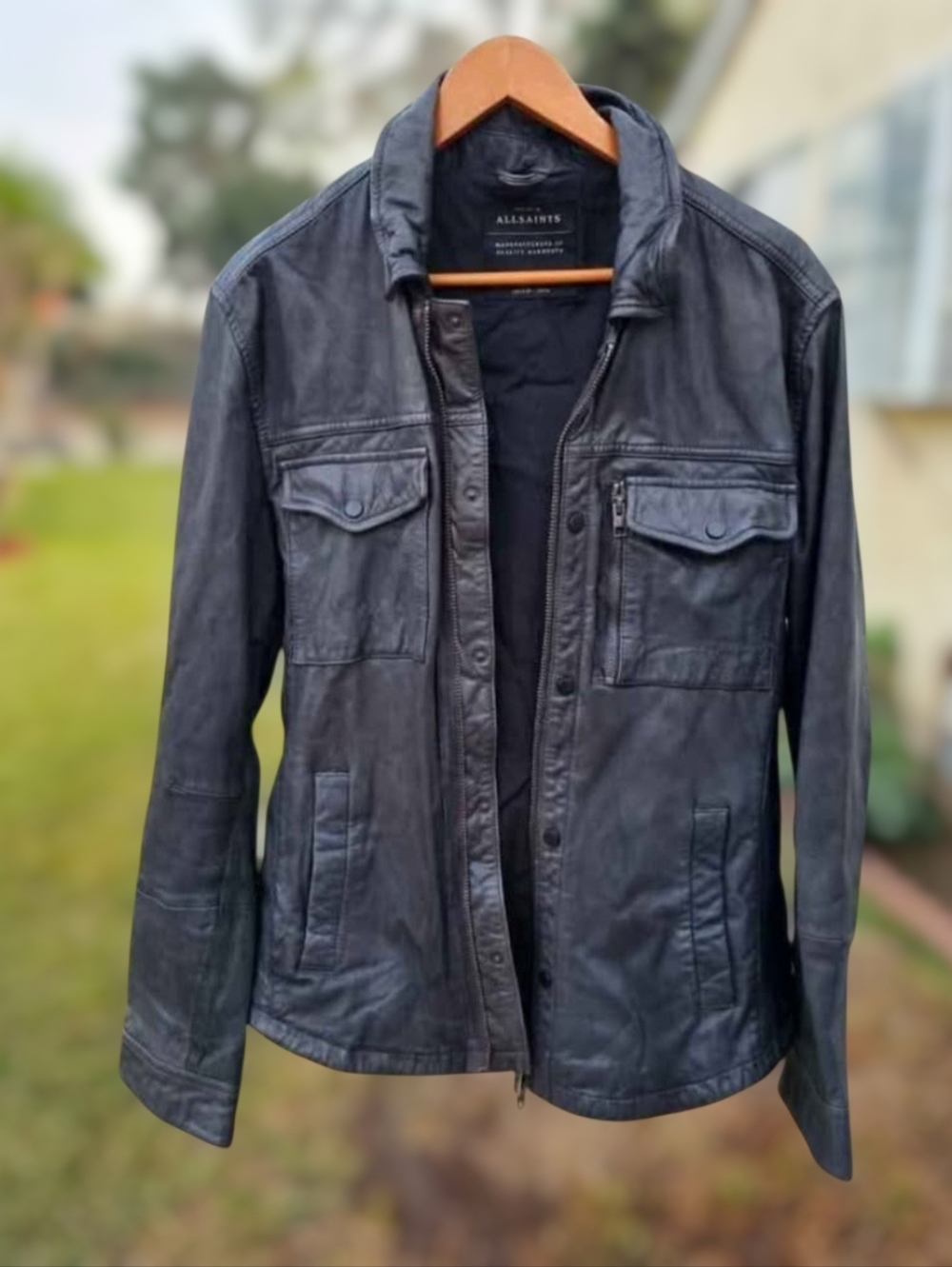 All Saints Men's FRANKLIN Leather Shirt Jacket XL Biker Men's Vintage Blue Gray